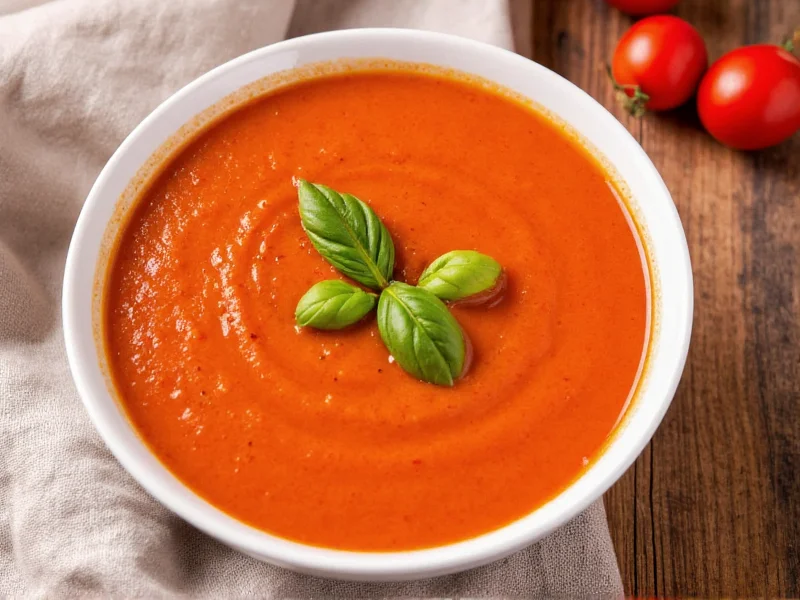 Bowl of vibrant tomato soup with basil garnish
