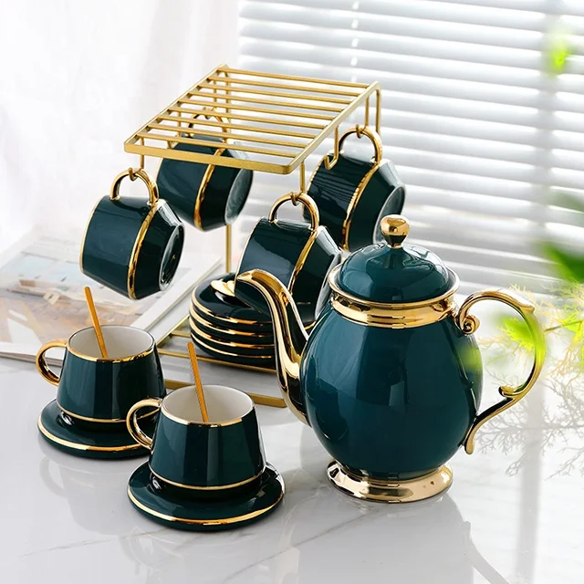 

New Luxury Ceramic Tea Pot Gold Plated Tea Set Cup And Saucer Set, Colorful