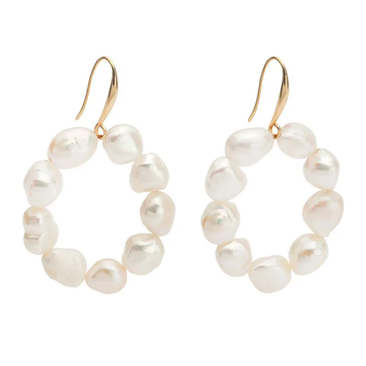 

2021 summer hot irregular fresh water baroque pearl hoop earrings gold plated copper hook beaded large pearl drop earrings women