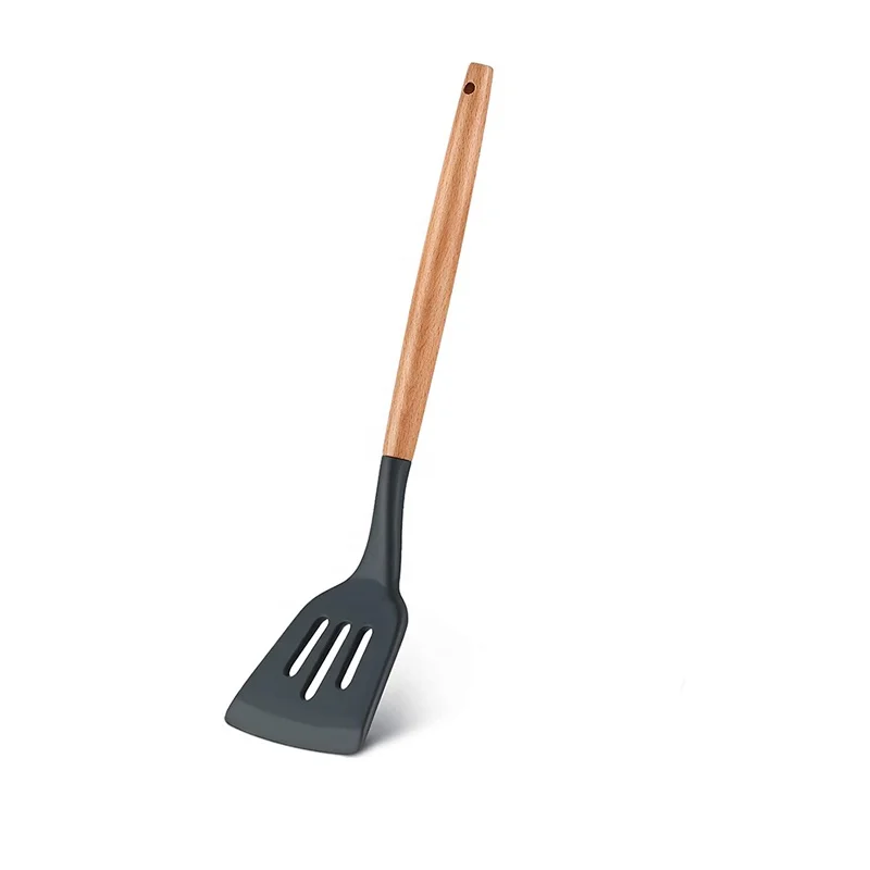 

Silicone Kitchen Utensils Slotted Meat Egg Turner with Wood Handle