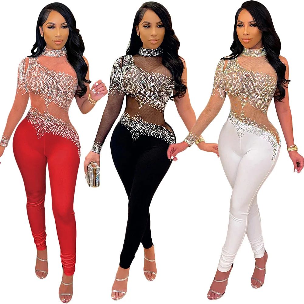 

Women Jumpsuit 2021 Sexy Club Wear Mesh See Through Beading One Piece Ladies Club Jumpsuit Sequined Bodycon Jumpsuit For Women