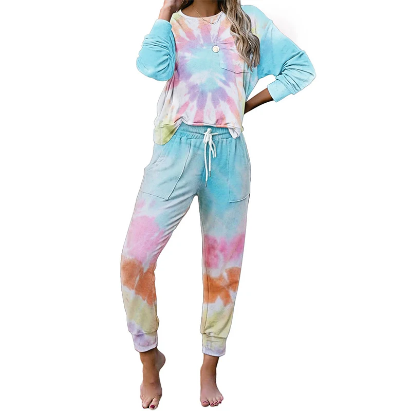 

New Tie-Dye Home Service Women'S Long-Sleeved Trousers Sweater 2 Piece Pajamas Set