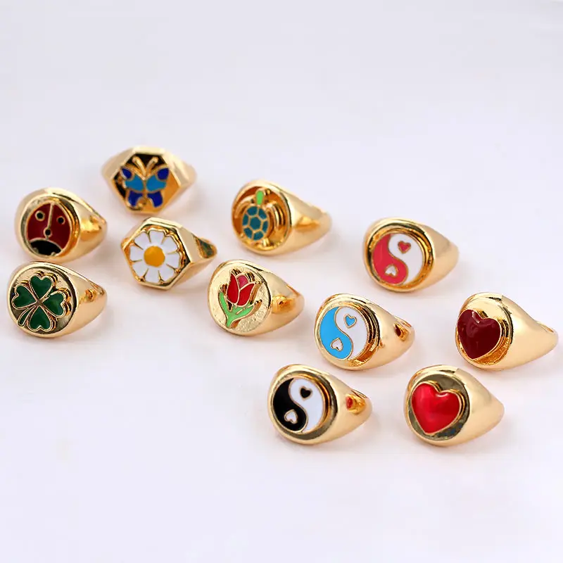 

2021 Gold Color Metal Rings Korean Cute Enamel Daisy Tulip Heart Yin and Yang Rings Stainless Steel for Women Jewelry, Customized color