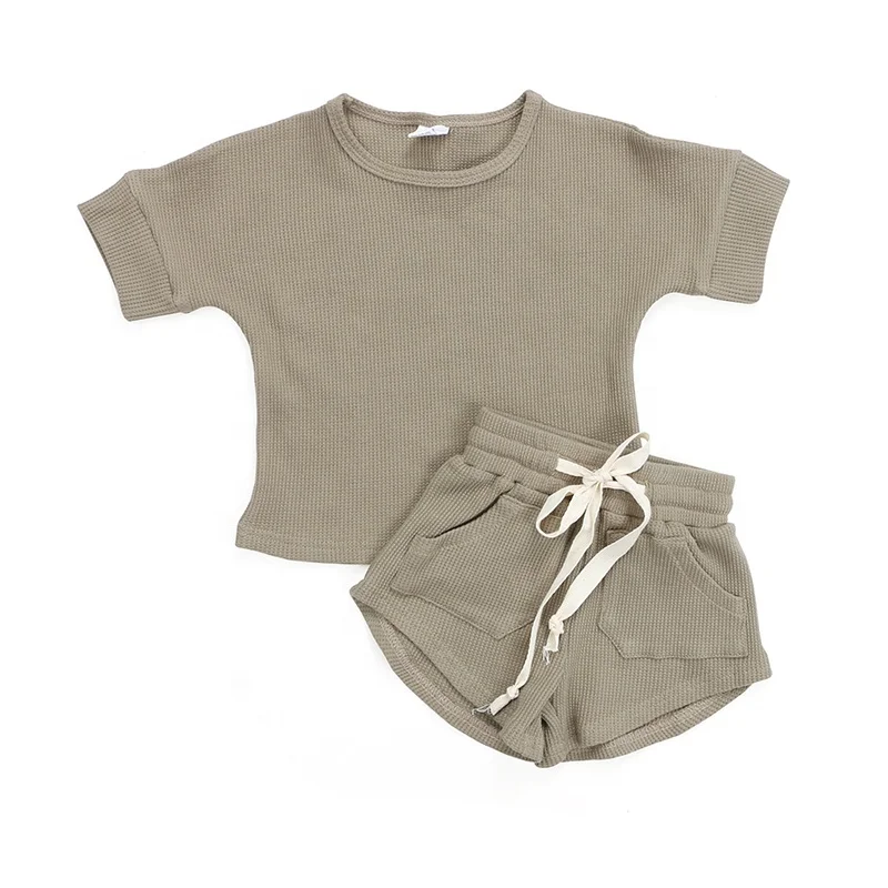 

Boutique baby clothes set organic waffle cotton short sleeve outfit summer top&shorts sets, Customized color