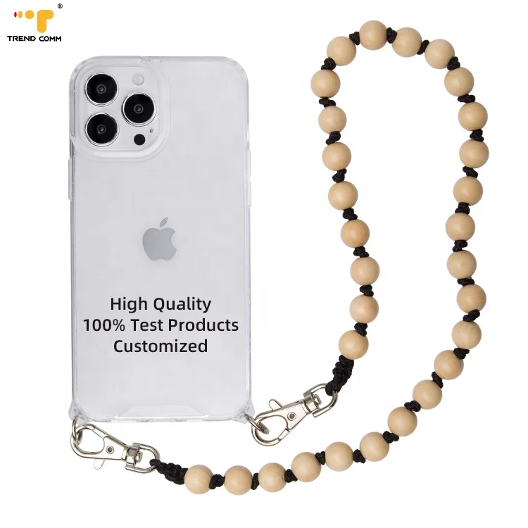 

wholesale natural bulk colorful wooden bead string lanyard necklace keychain bracelet with transparent phone case