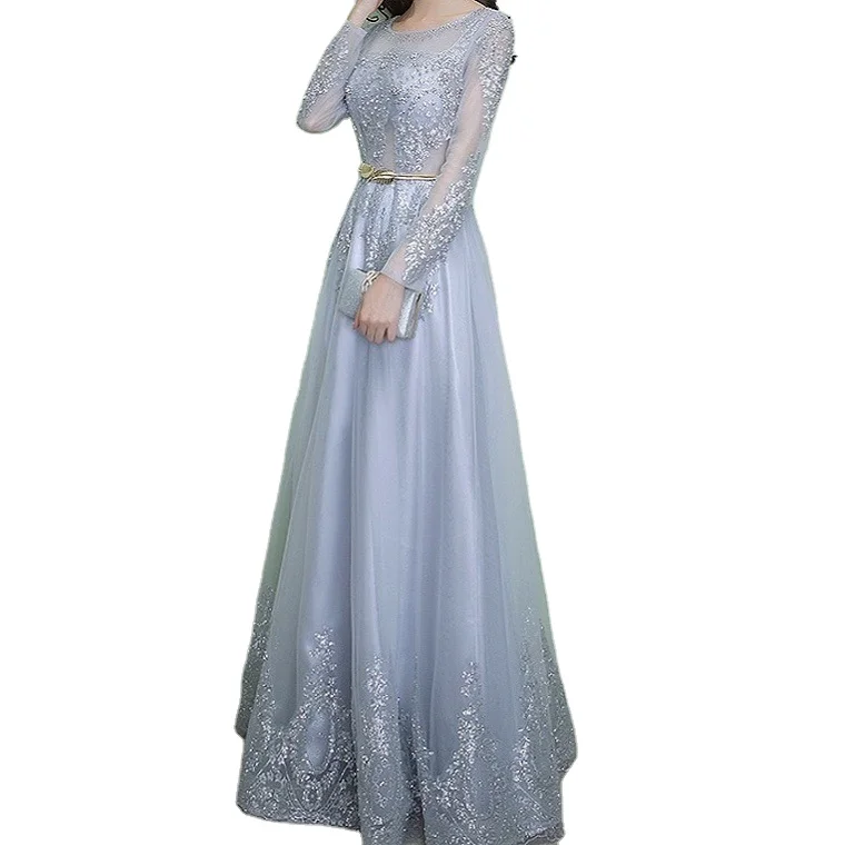 

Light Blue Mother of the Bride Dresses Long Sleeve Pearl Sequin Bead Tulle O-neck A-Line Elegant Women Wedding Prom Evening Gown
