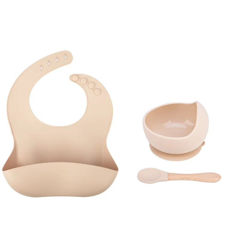 

1set Baby Tableware Kids Feeding Non-Slip Bowl Waterproof Bibs Spoon Crockery BPA Free Silicone Dishes For Baby Plate Bowl, Multicolor
