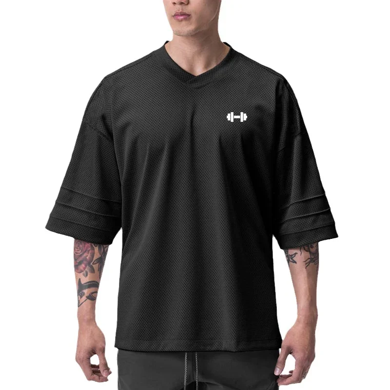 Oversized V-neck T-shirt Mens Dropped Shoulder Half Sleeve Fitness T Shirt Summer Mesh Loose Gym Clothing Basketball Jerseys