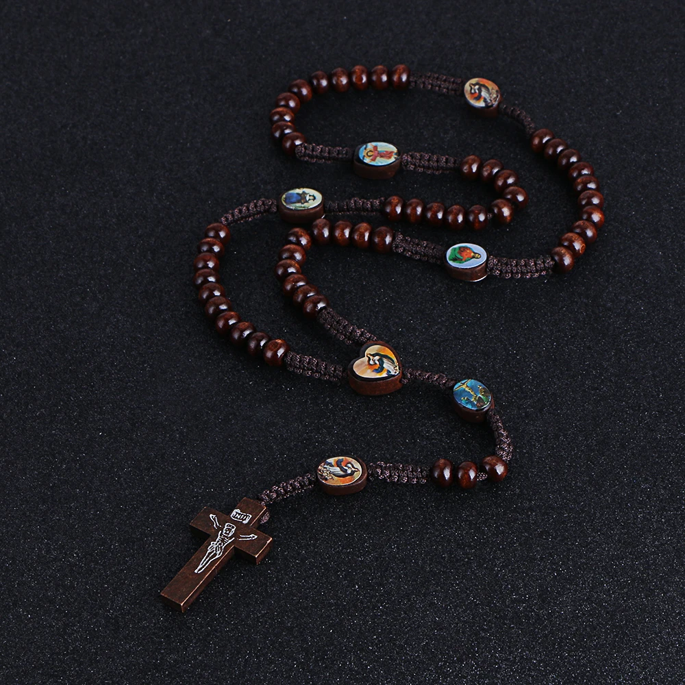 

KOMI Fashion Religious Jewelry St Benedict Medal Jesus Cross Pendant Necklace Catholic Wooden Beads Cord Rosary Chain Necklace