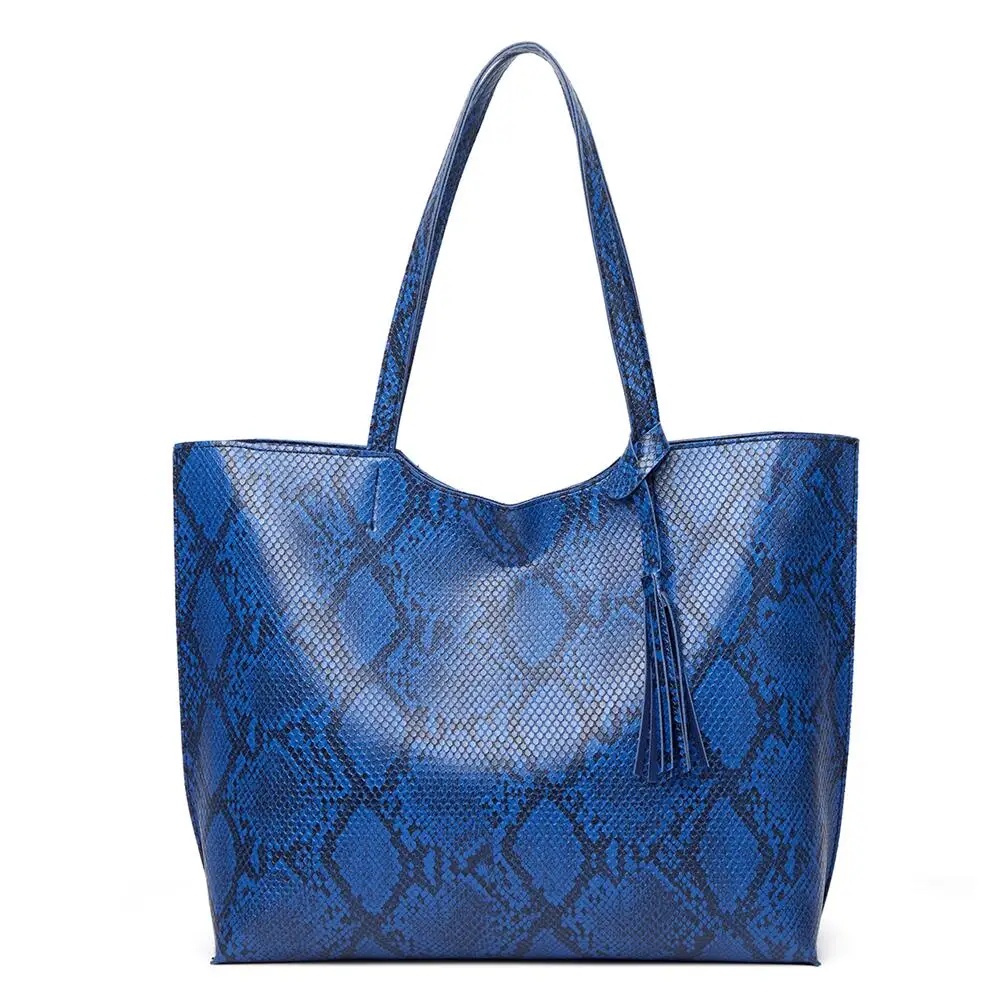 

Fashion Trends Luxury Design Zipper Pocket Bag Customized Waterproof Ladies Snakeskin Structured Blue PU Woman Handbag Tote Bag