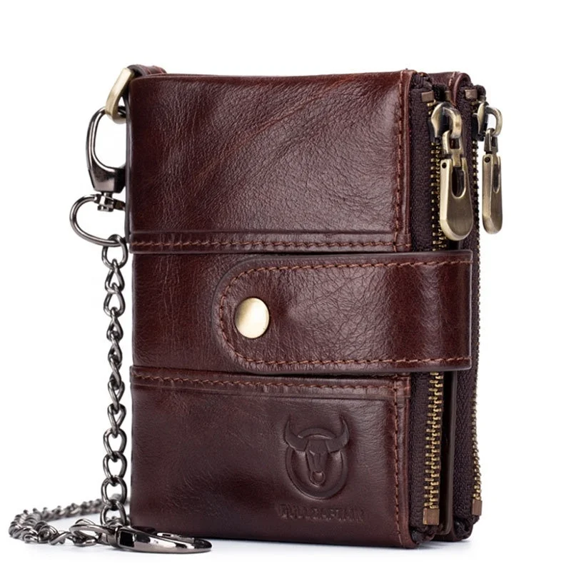 

Amazon Hot Selling Luxury Men Slim Wallets High Quality Genuine Leather Bullcaptain Anti-theft Chain Wallets