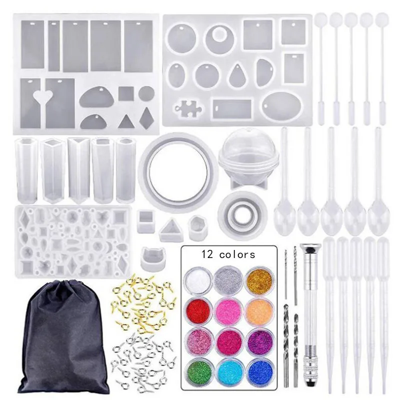 

1390 Epoxy Resin 83 Pieces DIY Crystal Epoxy Tool Set Bracelet Pendant Jewelry Silicone Mould Combination with Drill Bit, White transparent