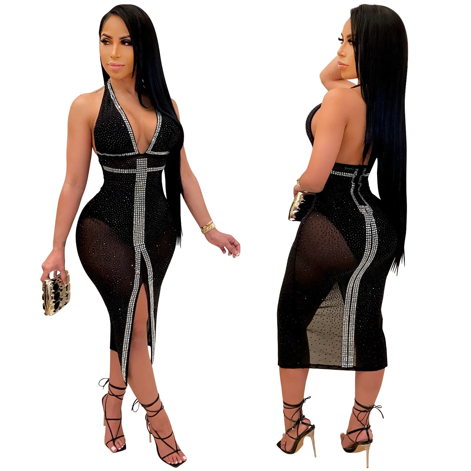 

New Arrival sexy nightclub backless deep V Collar mesh see-through women's dress mini tight skirt, Shown