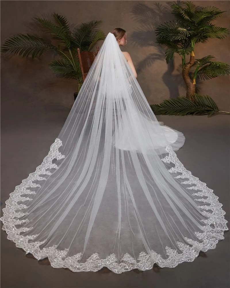 

Luxury Lace Embroidery Wedding Veil 3 Meters With Hair Comb One Layer Trailing Veil Lace Glitter Long Style Veil