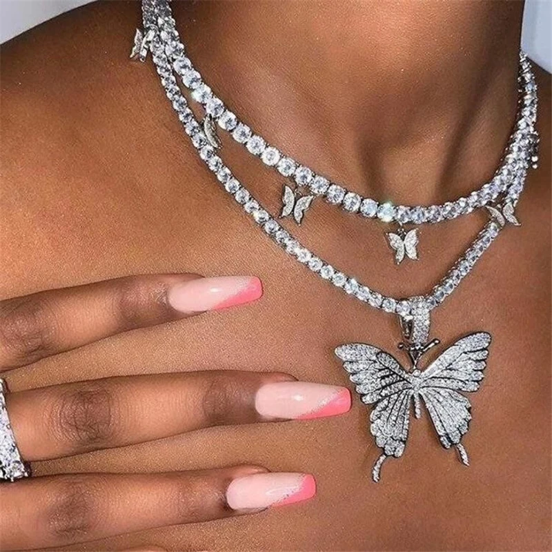 

Luxury Rhinestone Butterfly Necklace Bling Hip Hop Gift Diamond Boutique Choker Necklace For Women Party Jewelry