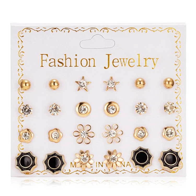 

Statement Dainty 12 Pairs Mini Black Silver Flower Pearl Bowknot Round Zircon Metal Women Earrings Studs Set, As picture