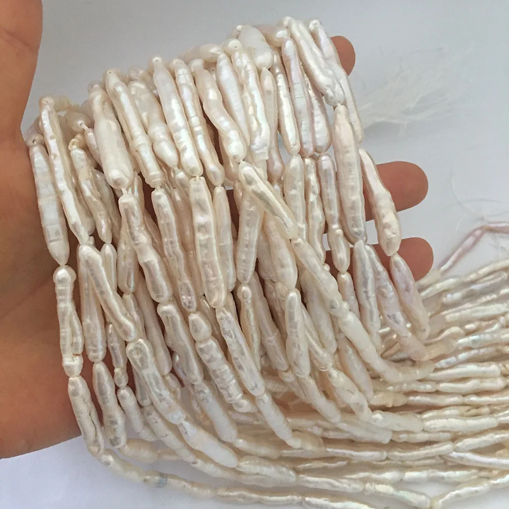 

38 cm AA BIWA freshwater pearl in strand, width 5-7 mm x length 17-30 mm wholesale DIY BEADS, noodle shape, Nature white