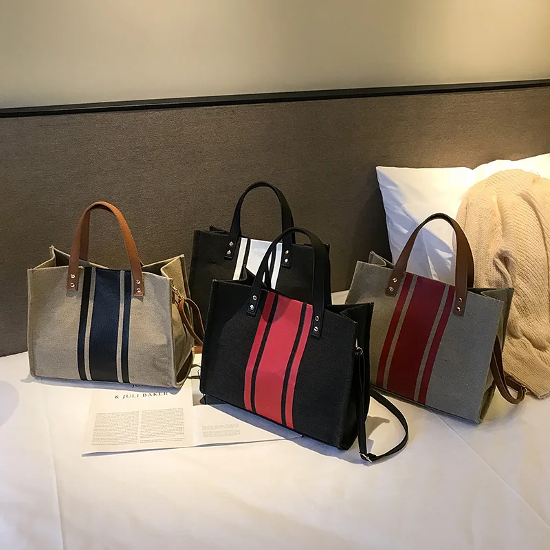 

2021 Leather Handle New Color Matching Weaving Big Handbag Fashion Laptop Women Handbag Straw Canvas Tote Bag, Picture