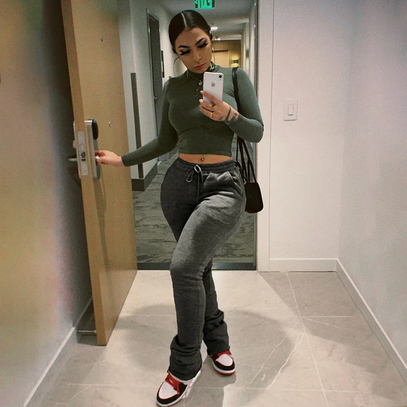 

Factory Price Women Fall Solid Colors High Waist Keep Warm Thick Stacked Pants