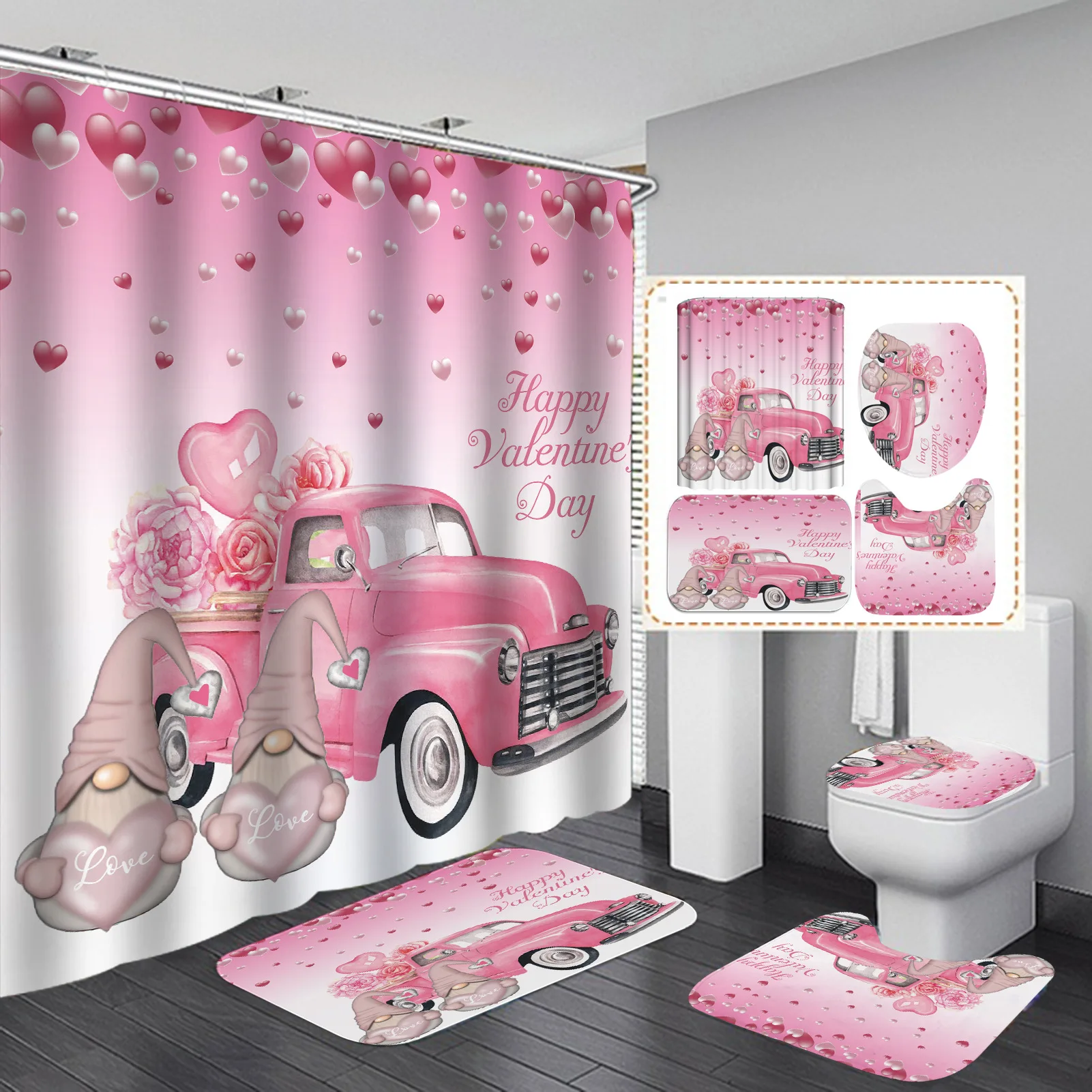 

Custom Extra Long Valentine'S Day Pink Flower Bathroom Shower Curtains Set, Cheap Polyester Bath Sets Shower Curtain Set 4 Pcs/, Accept customized color