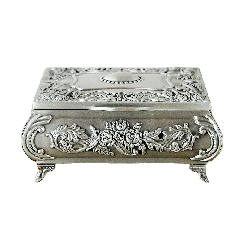 

Wholesale Custom Antique Sterling Silver Plated Jewelry Box Metal Trinket Jewelry Box, As shown