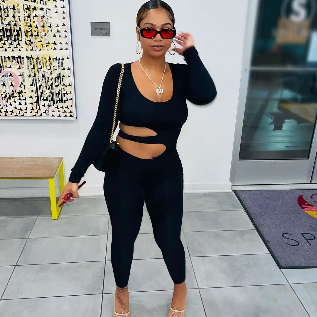 

2021 Women Solid Color Waist Side Hollow Out Sexy Jumpsuit Long Sleeve Top Jumpsuits One Piece Overall Fashion Outfits Autumn, Black/red/brown