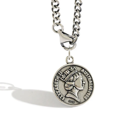

H-N471 Women retro cuban chain Vintage silver greek coin pendant necklace, White gold