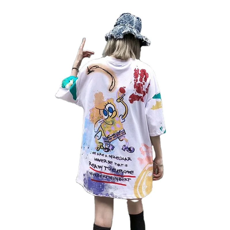 

Summer Hip Hop Short Sleeve Cartoon Graffiti Print Loose-fitting Couple Outfit Half Sleeve Bottom T Shirt
