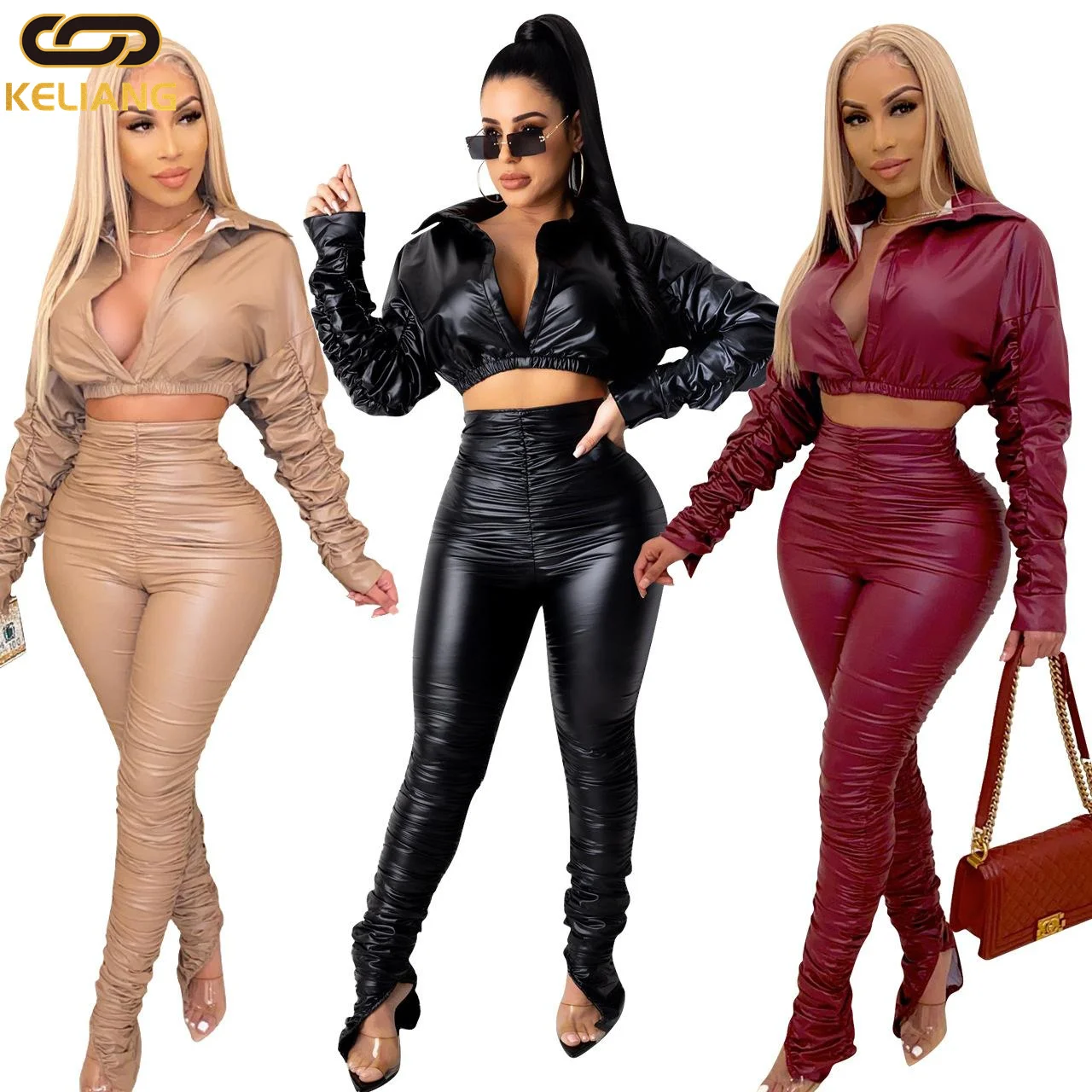 

2021 New Arrival short crop top sexy low-cut Fashion casual solid color Jacket PU faux Leather stacked two piece pants set