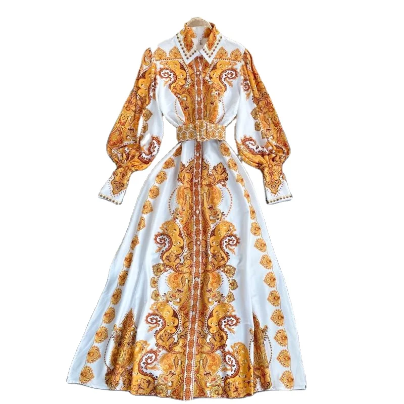 

Elegant Vintage New Retro Printing Temperament Standing Collar Plus Size Collect Waist Hit Color Women Puff sleeve chiffon Dress