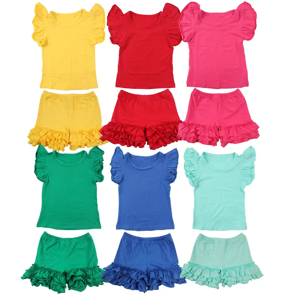 

Solid Baby Girl T-shirt 100% Cotton Children Tops Ruffles Sleeve Toddler Clothing Sets Icing Pants Kids Summer Clothes