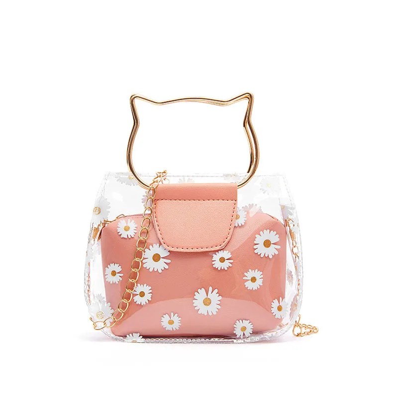 

Women's Fashion PVC Transparent Handbags Daisy Pattern Chain Casual Removable Son-mother Bag Messenger Mini Shoulder Phone Bag, As the pics