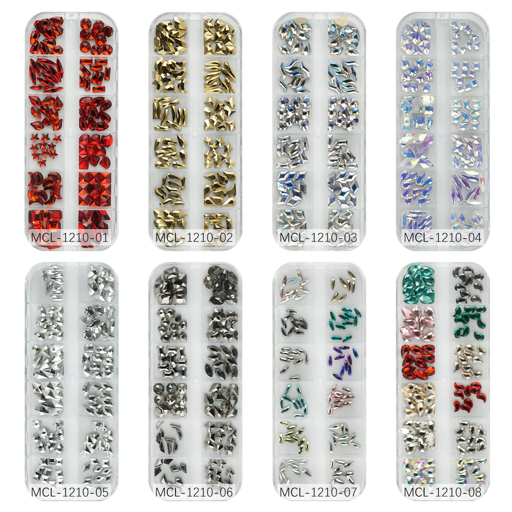 

High quality flat back glass stones crystals rhinestones box nail art accessories with different shapes