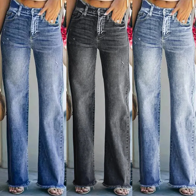 

C8169 Wholesale Women's Jeans Medium Wash Distressed Straight Leg High Waist Jeans