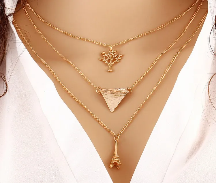 

Fashion Eiffel Tower Triangle Long Multilayer Necklace Pendants Life Tree Crystal Chokers Necklaces for Women Jewelry (KNK5277), Silver, gold