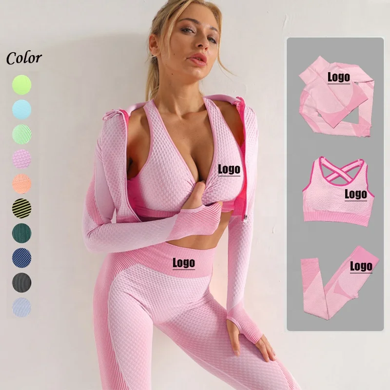 

Seamless Women Yoga Gym Sports Suits Fitness Workout Running Clothing Sportswear Long Sleeve Crop Top Leggings Bra Athletic Set, Customized colors