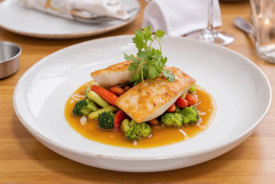 Ginger Medford signature dish presentation showing beautifully plated miso black cod with seasonal vegetables