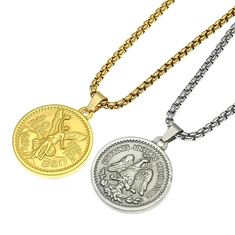 

Mexico 50 peso pendant fashion retro double-sided embossed pendant Mexican stainless steel coin pendant necklace