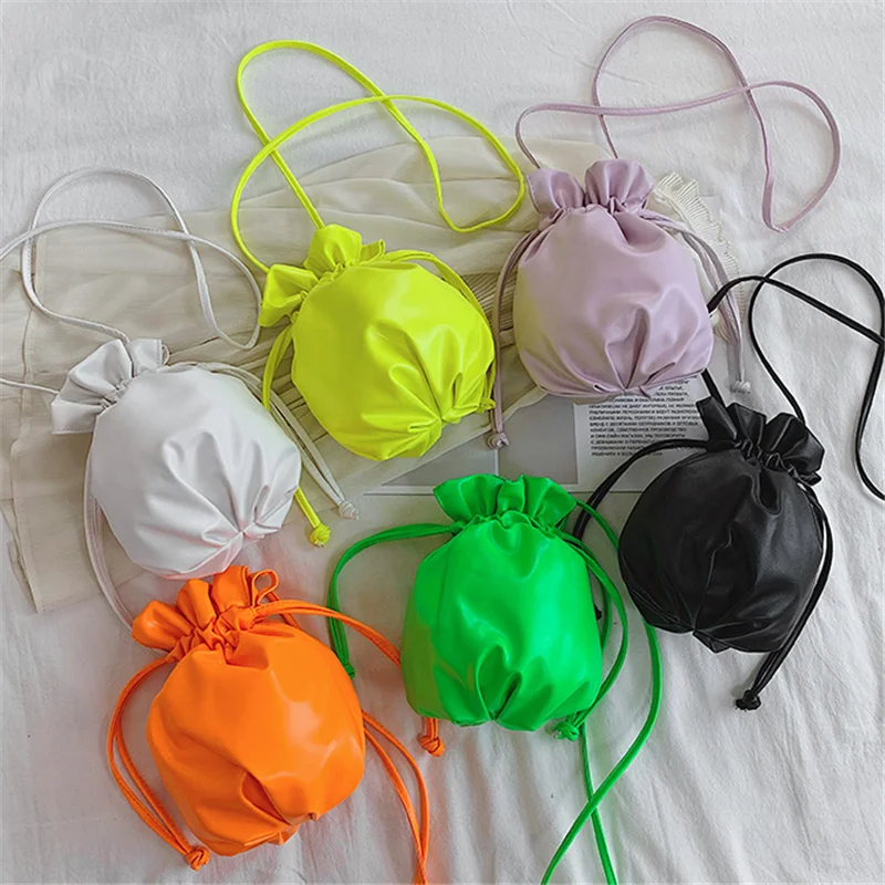 

2021 New female purses pu bucket bag portable messenger women handbag fashion candy neon shoulder bags, 6 colors