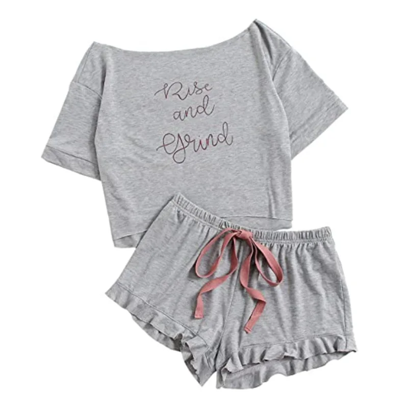 

Hot sale One-shoulder printed T-shirt + ruffle shorts set home wear high quality black and gray blouse pajama, As pic