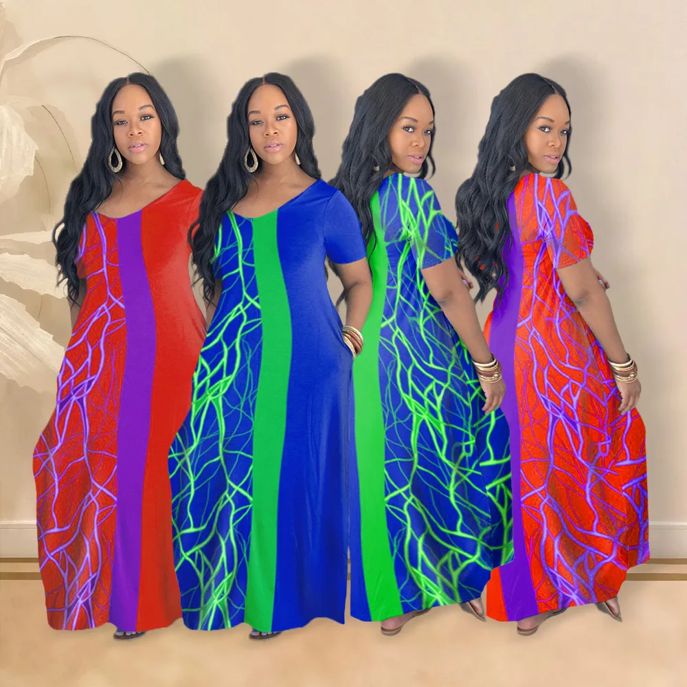 

F40687A European fashion latest summer women half sleeve round neck print plus size women dresses plus size clothing, As picture