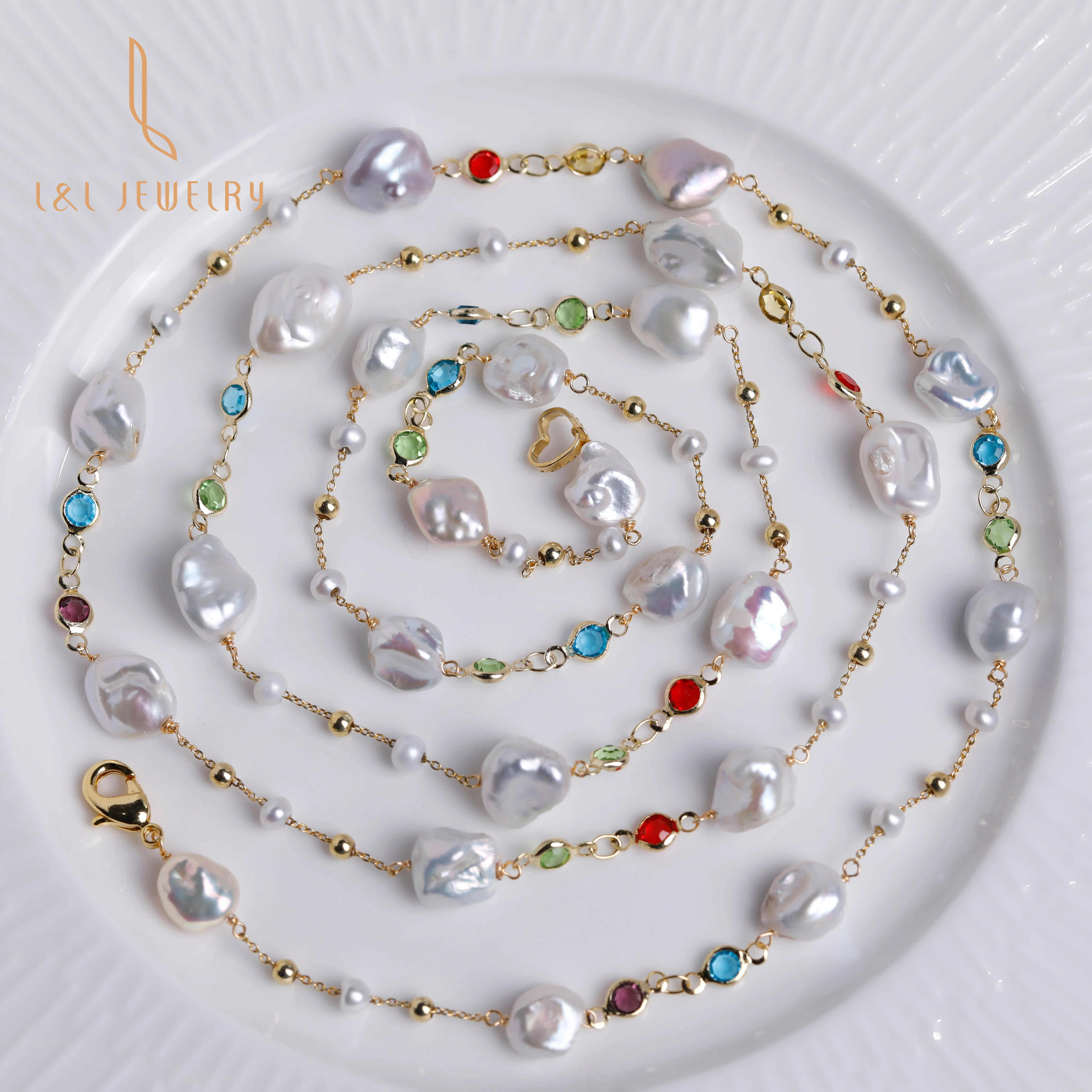 

9K gold filled long chain Luxury baroque fresh water pearl beads 9-13MM with Color CZ Cubic Zirconia sweater necklace jewelry, Gold+white+red+green+blue