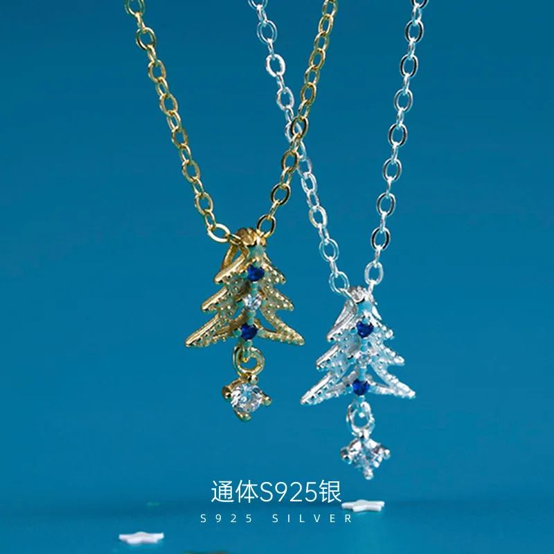 Fashion Pendant Necklaces 925 Sterling Silver Christmas Tree Necklace Green Blue Zircon Gold Plated Necklace for Girls Women
