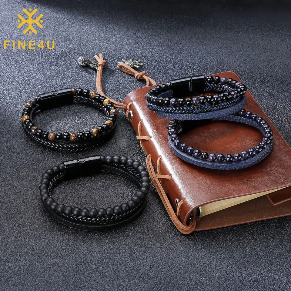 

Wholesale In Stock Unisex Jewelry Vintage Braided Custom Logo Magnetic Clasp Leather Bracelet For Men