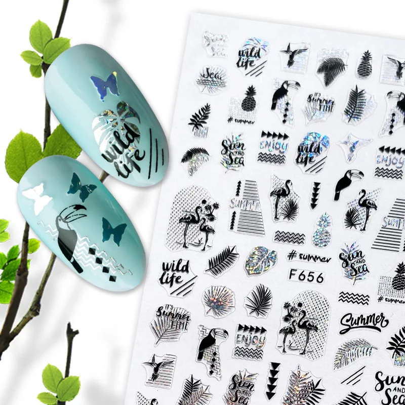 

2020 Nails 3D Leaves Letters Nail Stickers Adhesive Decal Summer Drinking Fruit Slider Laser Nail Art Decoration Manicure Wrap