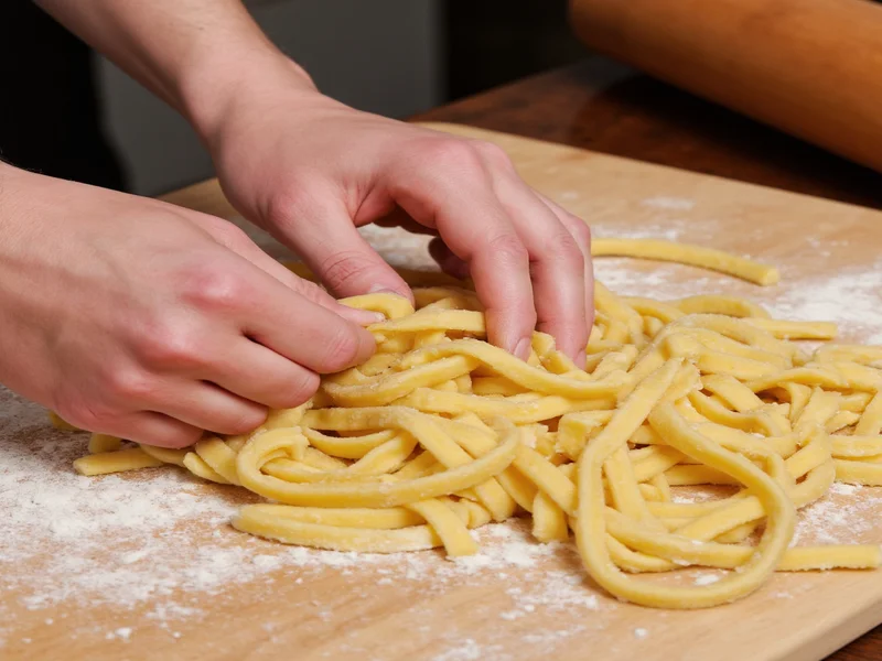Hand-kneading fresh pasta dough on wooden board