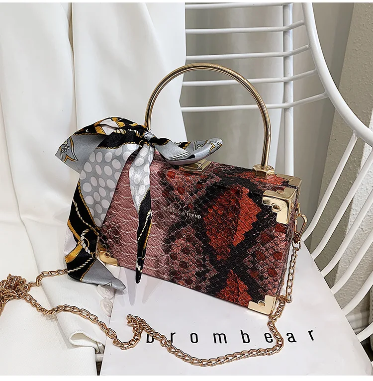 

Luxury Scarf Small Square Box Bag with Metal Top Handle Snakeskin Fashion Chains Cross Body Purse for Women, Multi