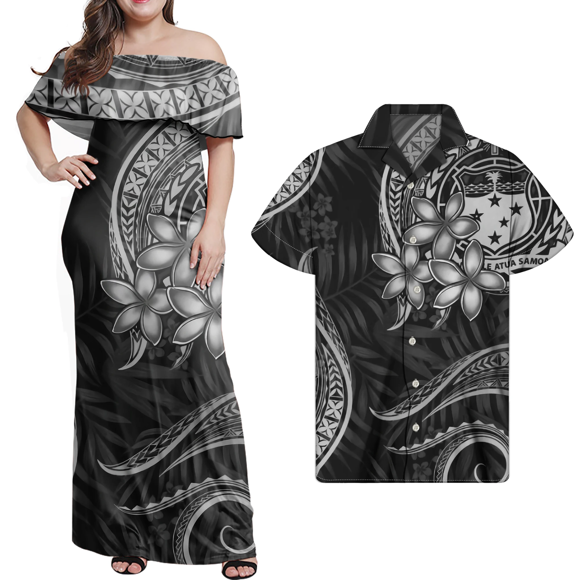 

Couple Dress Polynesian Tribal Design Casual Women Off Shoulder Ruffle SAMOA Dress & Skirts Lover Clothes Elegant Long Dress, Customized color