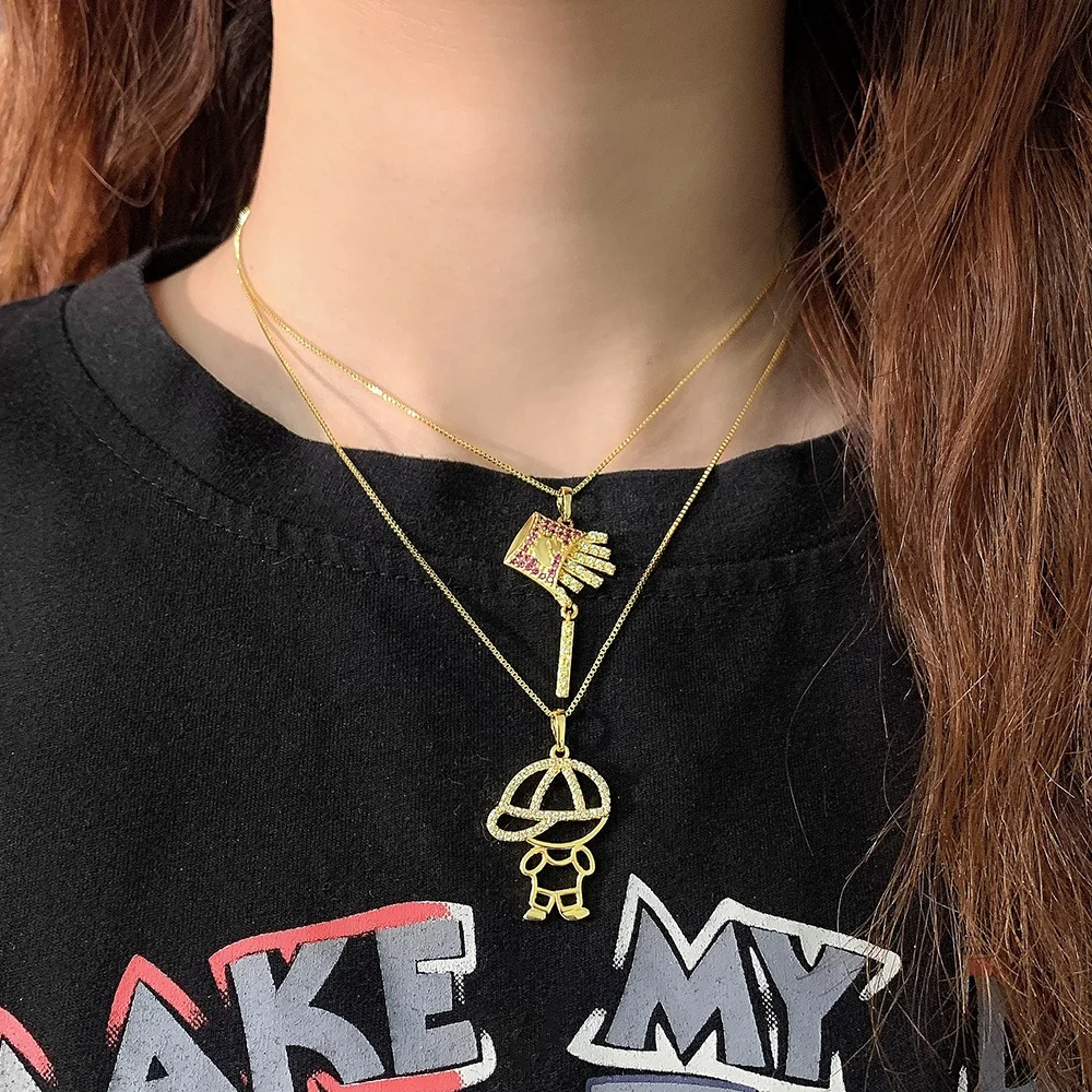 

fashion 18k gold plated cartoon boy double layer cross with heart cartoon pendant women necklace jewelry