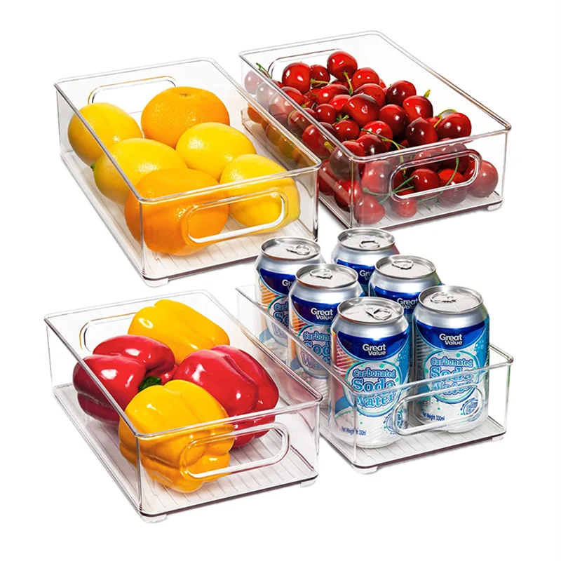 

Amazon hot selling 4 pack Transparent Stackable Plastic Food Storage Bins Refrigerator Organizer with Handles for Pantry